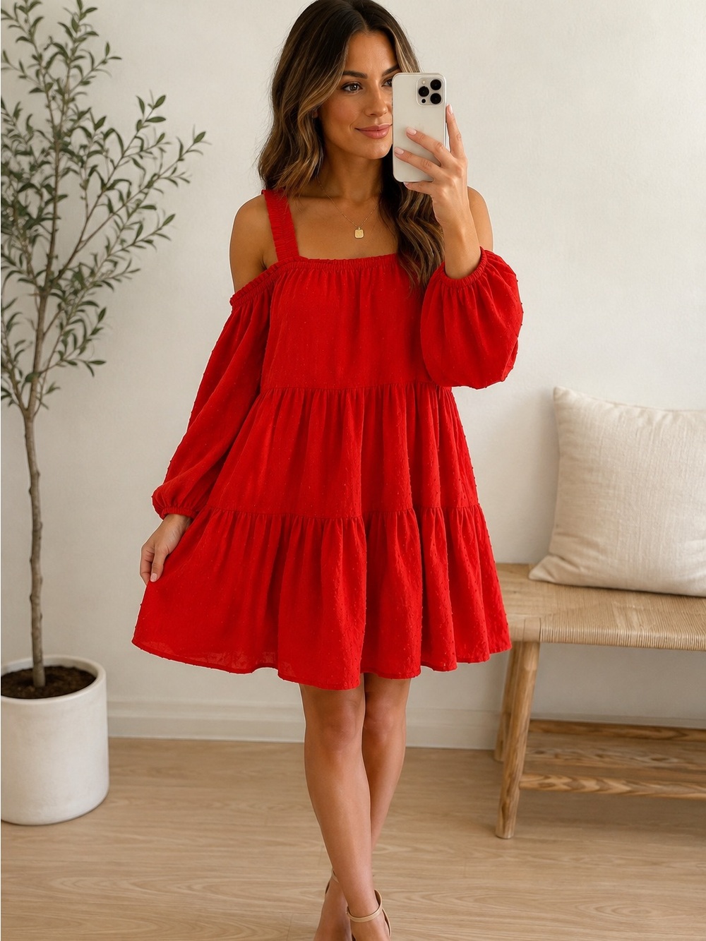 H&M Red Cold Shoulder 8 Cottagecore Swiss Dot Boho 100% Cotton Babydoll Dress
